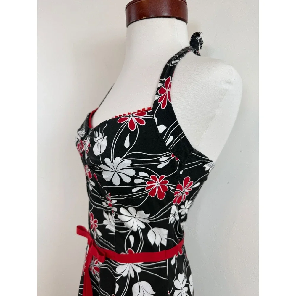 Rampage‎ Floral Halter Dress Red White Y2K Rockabilly Pinup Retro Tulle Sz 3 XS